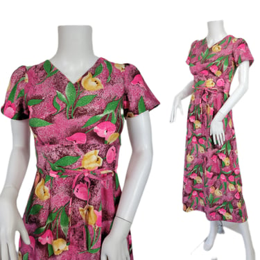1970's Pink Tulip Floral Print Poly Maxi Dress I Sz Sm 