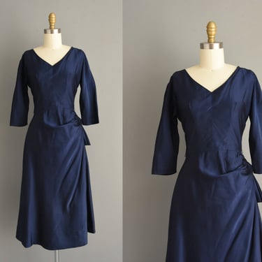 1950s vintage Gorgeous Navy Blue Satin Cocktail Party Dress | Small Medium 