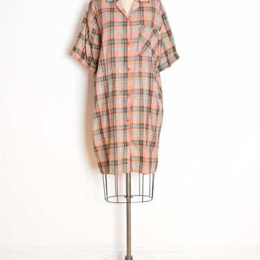 vintage 80s dress peach plaid print cotton mini shirt dress button up L clothing 