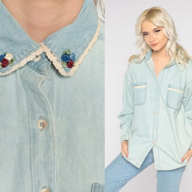 Lace Trim Chambray Shirt 90s Blue Button Up Shirt Retro Boho Rosette Light Denim Top Girly Long Sleeve Collared Blouse Vintage 1990s Small S 