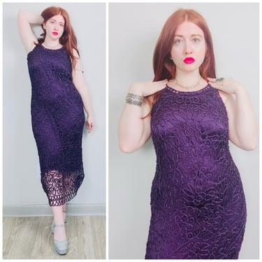 1990s Vintage Silk Hand Crochet Beaded Dress / 90s / Nineties Floral Design Tank Wiggle Dress / Size Medium - Large 