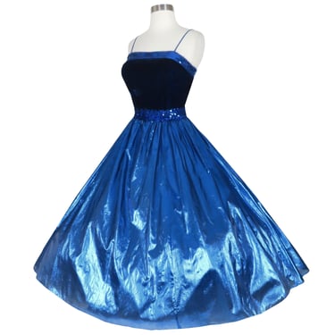 Vintage 80s 50s Blue Velvet Sequin Metallic Prom Party Dress M Medium Lamé Foil Shiny Fit Flare Full Skirt Dance Spaghetti Straps Womens 