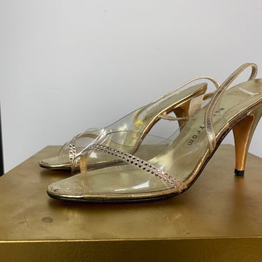 1960s acrylic shoes, clear heel, vintage pumps, see through, bridal shoes, rhinestone shoes, Nordstrom amano, 7 1/2, sling back, cocktail 