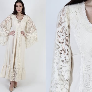 Vintage 1970s Gunne Sax Dress / Off White Giant Angel Kimono Sleeve / Bohemian Wedding Corset Maxi Size 9 
