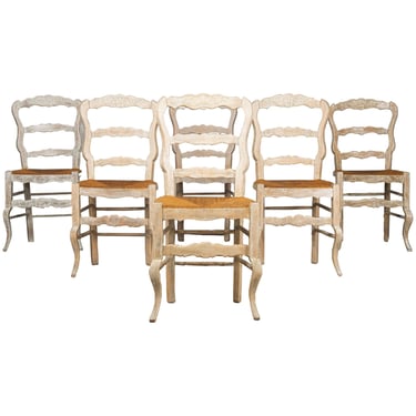 Vintage Country French Provincial Ladder Back Whitewashed Beech Rush Seat Dining Chairs - Set of 6 