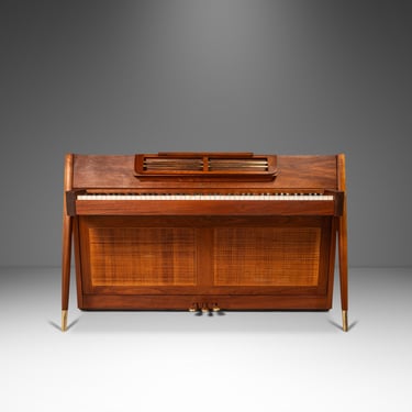 Rare Mid-Century Modern Baldwin Acrosonic Spinet Piano in Walnut, Brass & Cane, USA, c. 1960s 