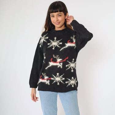 Vintage Reindeer Christmas Sweater Medium 90s Black Fuzzy Snowflake Knit Pullover Sweater Ski Roll Neck Ramie Cotton 1990s Size M 