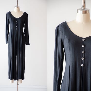 black wide leg jumpsuit | 80s 90s vintage black rhinestone button long sleeve cropped jumpsuit 