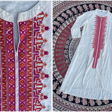 Vintage Indian kurta dress | hippie, hot pink & orange embroidery, ivory cotton muslin, S/M 