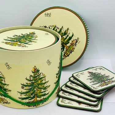 Vintage Spode Christmas Tree Gift boxes and Coasters  England - Nice condition-Gently used 