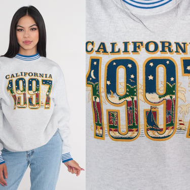 California 1997 Sweatshirt 90s Ringer Sweatshirt Beach Palm Trees Sailboat Moon Stars Graphic Shirt Retro Grey Blue Striped Vintage 1990s XL 