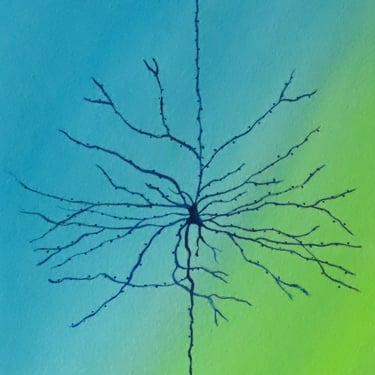 Pyramidal Neuron in green and blue - original watercolor painting of brain cell - neuroscience art 