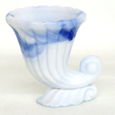 Akro Agate Blue Slag Glass Cornucopia Horn Small Vase Candle Holder 1452B