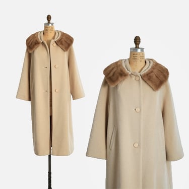 Vintage 50s 60s beige mohair wool coat mink fur collar 