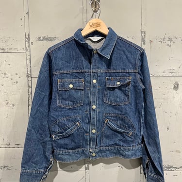 Boys Large Vintage 1960s Bar Tack Pleat Front Denim 4 Pocket Jacket by Montgomery Ward Towncraft with back print 