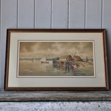 Antique WaterColor Painting Seaside Bay with Sailboats by Elizabeth R Gould 1918 New Hampshire 