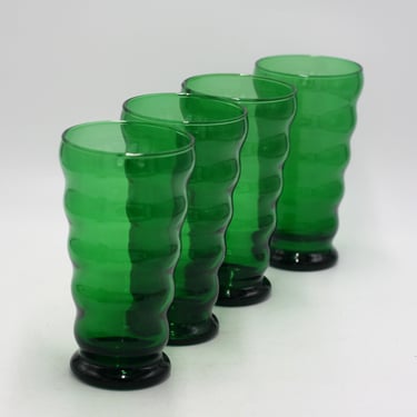 vintage Anchor Hocking Whirley Twirly Green Glass Tumblers Set of Four 