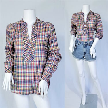 Sweet Baby Jane 1970's Pastel Plaid Indian Cotton Tunic Blouse I Top I Shirt I Sz Lrg I B: 40