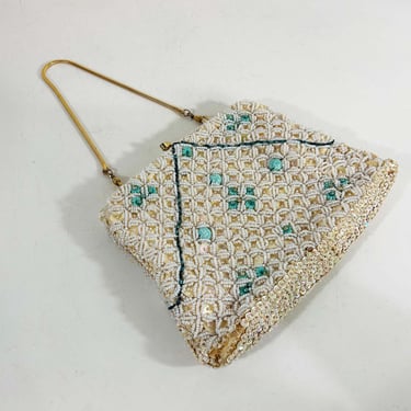 Vintage Kisslock Beaded Purse 1950s Petite Bead Bag Evening Handbag Wedding Candy Dots Change Beads Chain Strap Handle 50s Sequins Sequined 