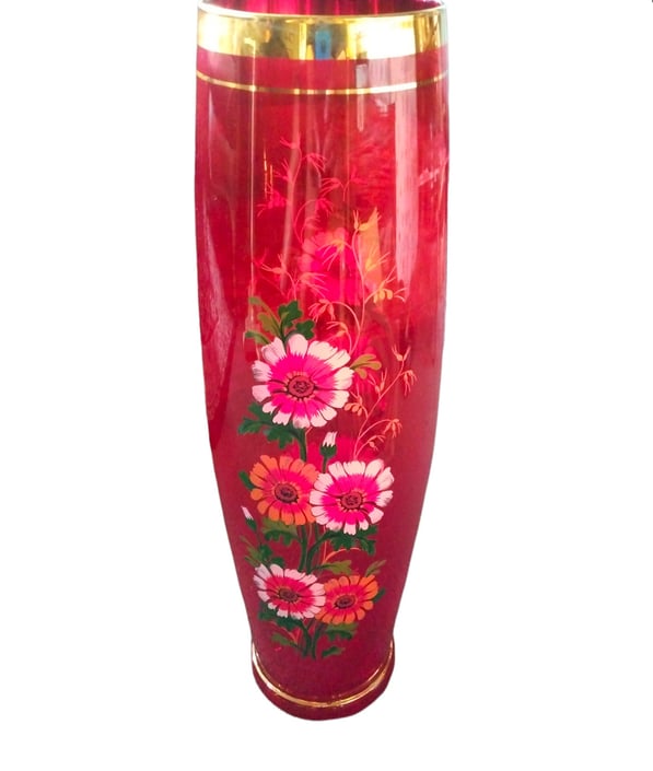 VINTAGE Enameled Glass Vase, MCM Ruby Red Bohemian Gilt Vase, Home Decor 