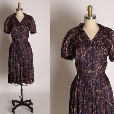 1950s Dark Purple and Brown Abstract Swirl Short Sleeve Button Up Pleated Dress -L 