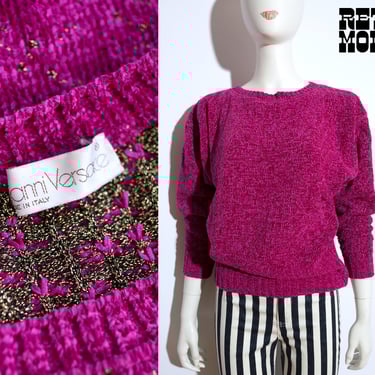 Versace Vintage Early 80s Magenta Chenille & Gold Metallic Pullover Sweater 