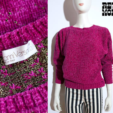 Versace Vintage Early 80s Magenta Chenille & Gold Metallic Pullover Sweater 