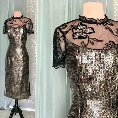 Sequin Reptile Print Dress, Vintage  Cocktail Dress, Sheer Lace, Bronze  Black Sequins, Sheer Sleeves, Sheath Wiggle 
