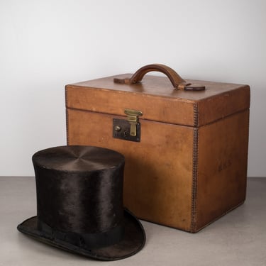 19th Century Beaver Skin Top Hat &amp; Original Leather Hat Box, c.1880