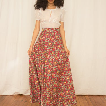 1970s Batik Floral Cotton Wrap Maxi Skirt 