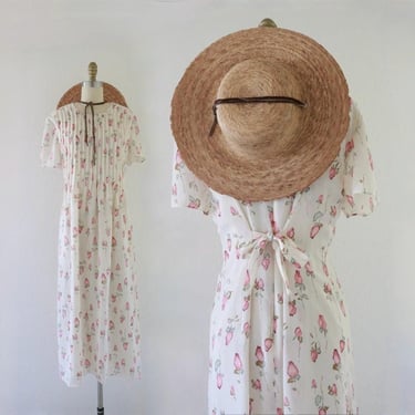 chiffon maxi dress - l - vintage 90s y2k watercolor rose floral flowery long ankle womens short sleeve sheer size large  cottage 