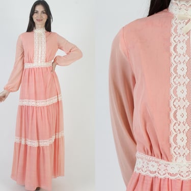 Pink Lace Victorian Dress, Sheer Floral Bridal Gown, Long Salmon Ombre Print, Tiered Full Skirt 