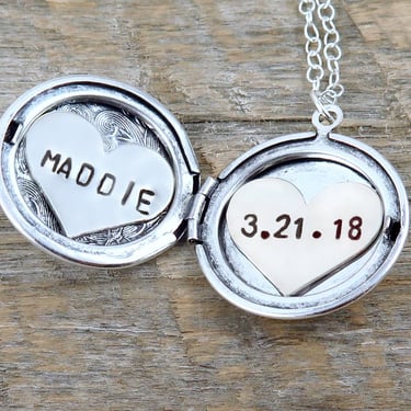 Personalized Silver Locket Necklace, Engraved Heart Pendant, Date Necklace, Name Necklace, Hand Stamped Jewelry, Engagement Gift 