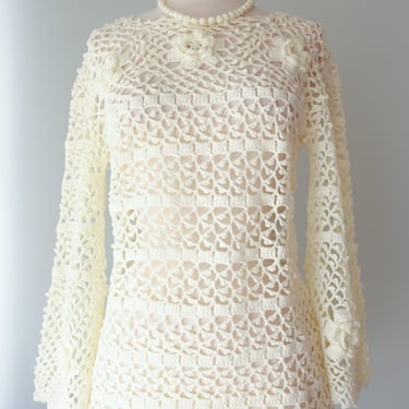 Amazing DEADSTOCK 1970's Flower Child Ivory Crochet Knit Top/ Sz M