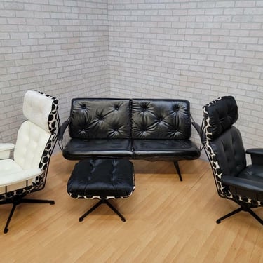 Mid Century Modern Homecrest Indoor/Outdoor Black Wire 2 Swivel Lounges, Loveseat and Ottoman by Newly Upholstered - 4 Piece Set