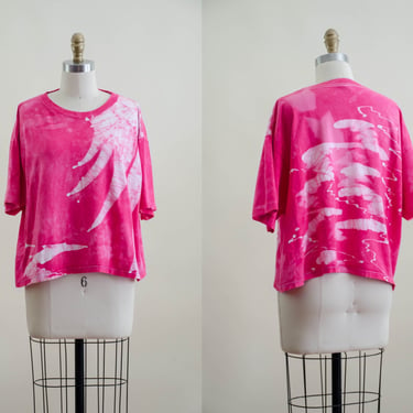 vintage tie dye t-shirt | 90s grunge hot pink batik bleach dyed oversized short cropped vintage shirt 