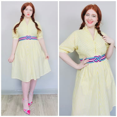 1980s Vintage Pastel Yellow Seersucker Stripe Day Dress / 80s Poly Cotton Fit and Flare Stripe Dress / Medium 