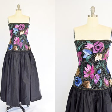 Vintage 1980s Richilene Evening Gown | M | 80s Designer Dress with Sequins and Silk Taffeta 