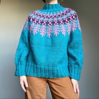 Vintage Women's Chunky Hand Knit Fair Isle Wool Icelandic Oversized Mock Neck Blue Purple Sweater Sz M 