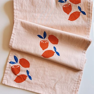 hand block printed table runner. oranges on blush pink. boho decor. linen tablecloth. birthday or dinner party decor. 