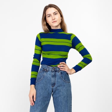 XXS 70s Blue & Green Striped Long Sleeve Top | Retro Vintage Mockneck Ringer Shirt 