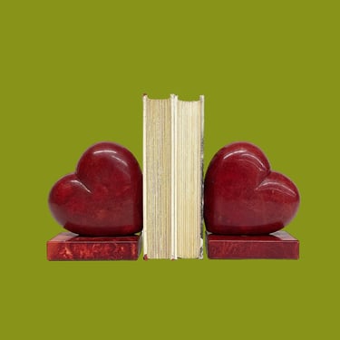 Vintage Heart Bookends Retro 1980s Contemporary + Ducceschi Alabaster + Red Stone + Hand Carved + Set of 2 + Made in Italy + Book Display 