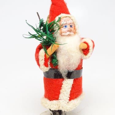 Antique 4 1/2 Inch SANTA With Hand Painted Clay Face,  Goose Feather Tree, Christmas Toy, Vintage Retro Decor 