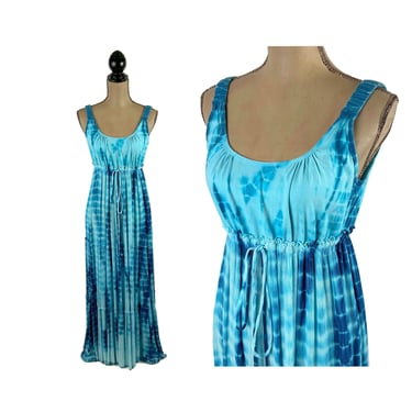 S Y2K Blue Tie Dye Crinkle Gauze Maxi Dress Small, Empire Waist Long Sundress Beach Sleeveless Summer Dress 2000s Clothes Women Vintage BILA 