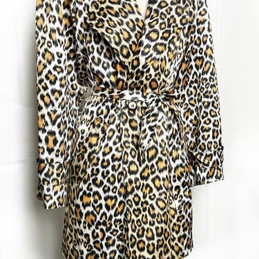 1980's LEOPARD PRINT Trench Coat Vintage Acetate Lightweight Over Coat Jacket Belted Double Breasted 