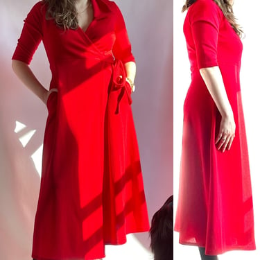 Red 1970's Wrap Midi Dress Large 