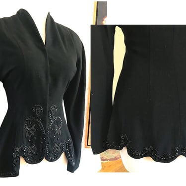 Stunning Vintage 1940's Black Hand Beaded Jacket with Scalloped  Peplum - Size Small 