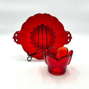Vintage Viking Glass Red Handled Plate or Votive Petal Candleholder with Original Stickers, Retro Ruby Glass Glassware 