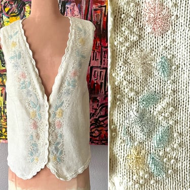 Granny Chic Beaded Sweater Vest, Beaded, Embroidered Top, Faux Pearls, Floral, Vintage 80s 90s 