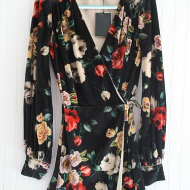 Attico - Black Floral Velour - Wrap Dress - Designer - NWT - Marked EUR size 40 - Estimated size 10 US 